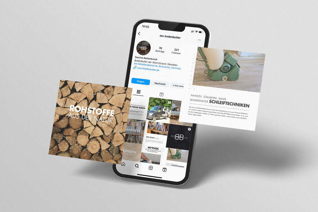 Ein Smartphone zeigt Instagram-Beiträge zu Bodenbelägen, flankiert von Grafiken mit Holz und Schleifmaschine.