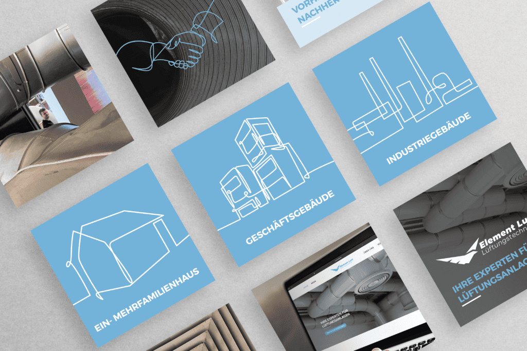 Collage mit Lüftungsrohren, Handschlag, Gebäudegrafiken; symbolisiert Technik und Zusammenarbeit.