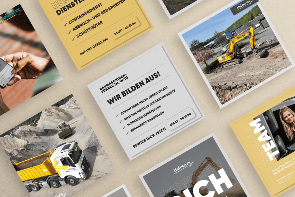 Collage aus Werbepostern und Bildern von Baustellen, Baumaschinen und einer Person mit Smartphone.