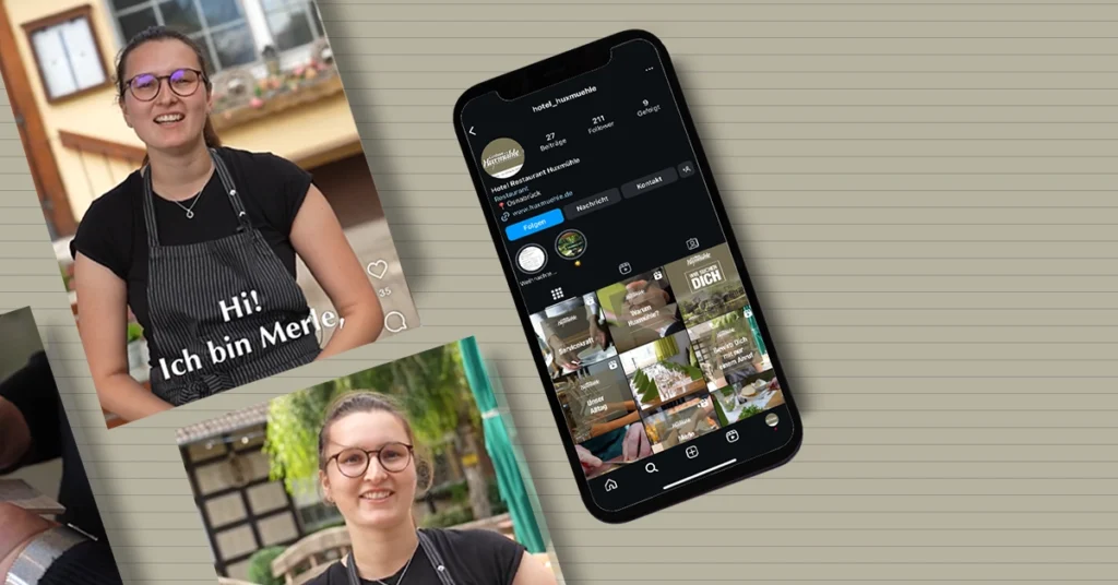 Frau in Schürze lächelt, neben ihr ein Smartphone mit Instagram-Seite des „Hotel Restaurant Hummeltal“.