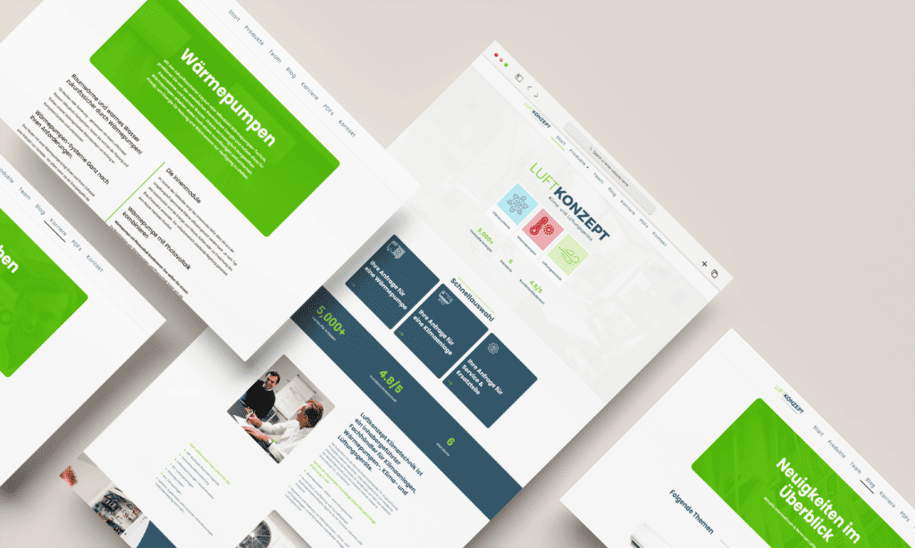 Webseiten-Layouts zu Wärmepumpen, in Grün und Blau, vermitteln Professionalität und Effizienz.