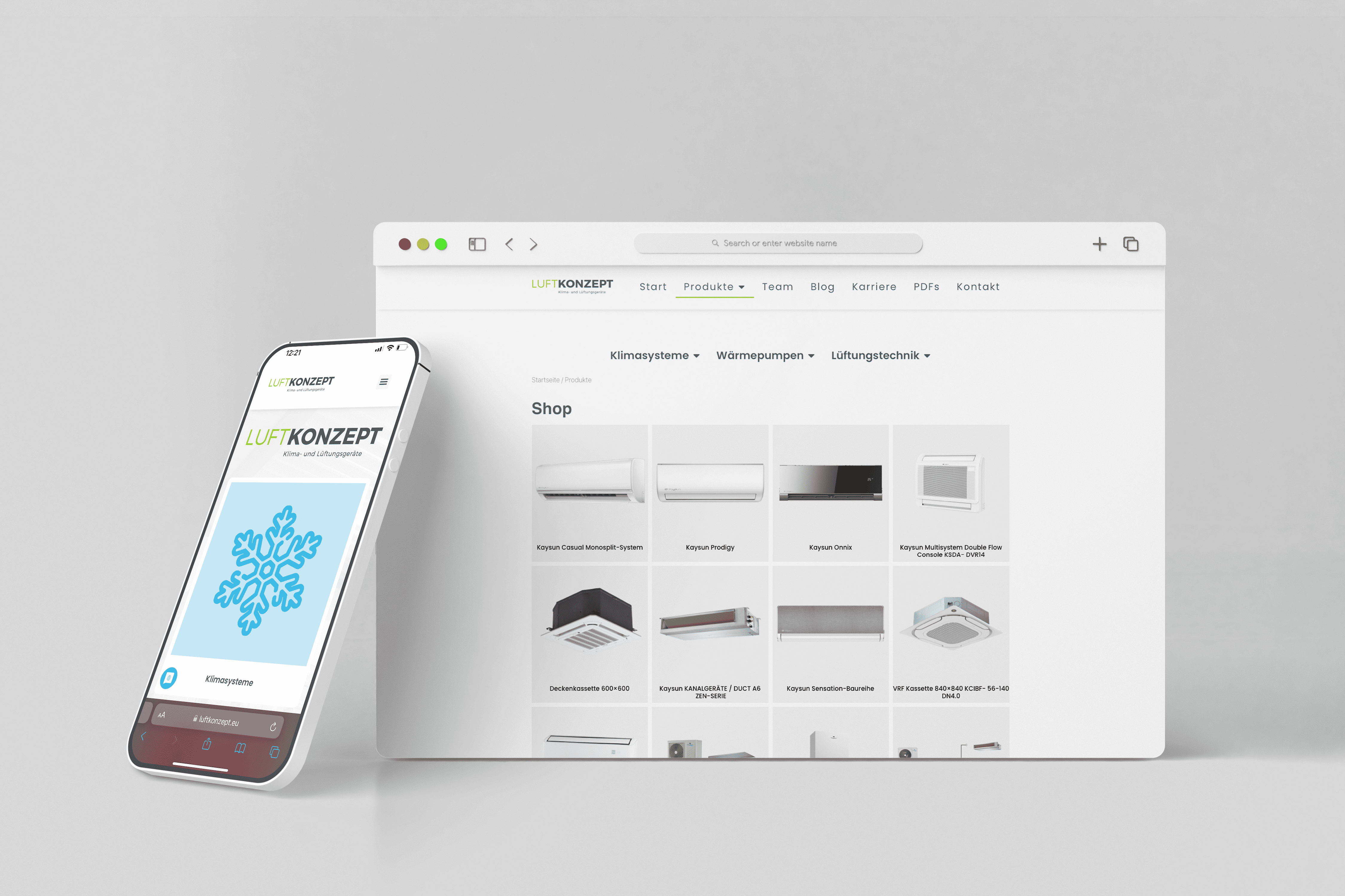 Digitale Darstellung einer Website und mobilen Version für Klimasysteme von "LUFTKONZEPT".