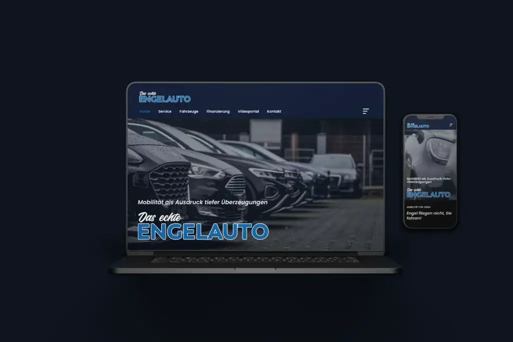 Laptop und Smartphone zeigen eine moderne Autowebseite mit dunklem Hintergrund und weiß-blauen Elementen.