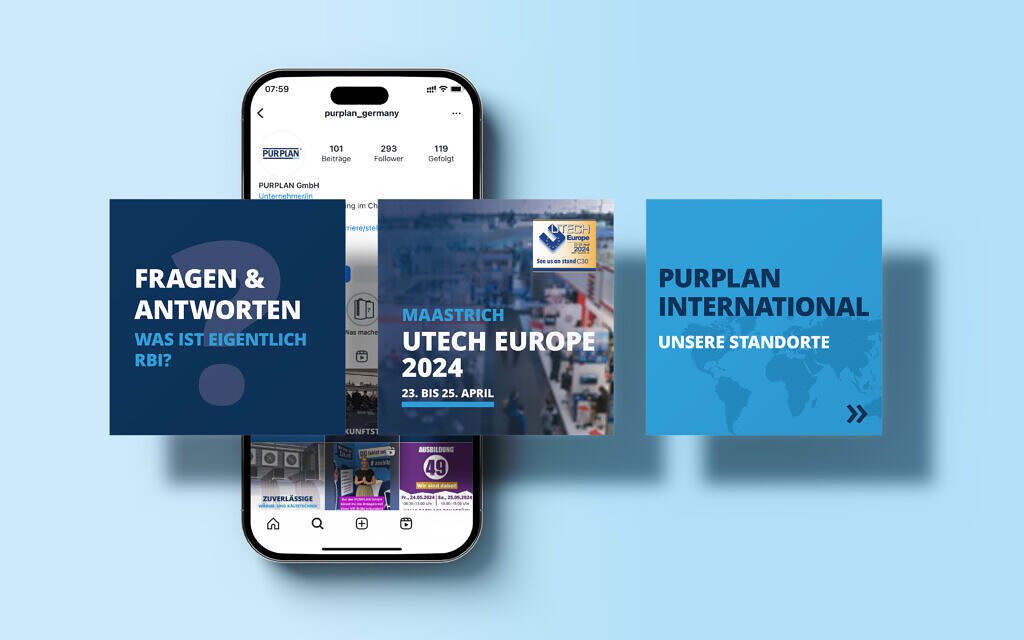 Ein modernes Design zeigt ein Smartphone mit Instagram-Seite und Informationsblöcken zur UTECH Europe 2024.
