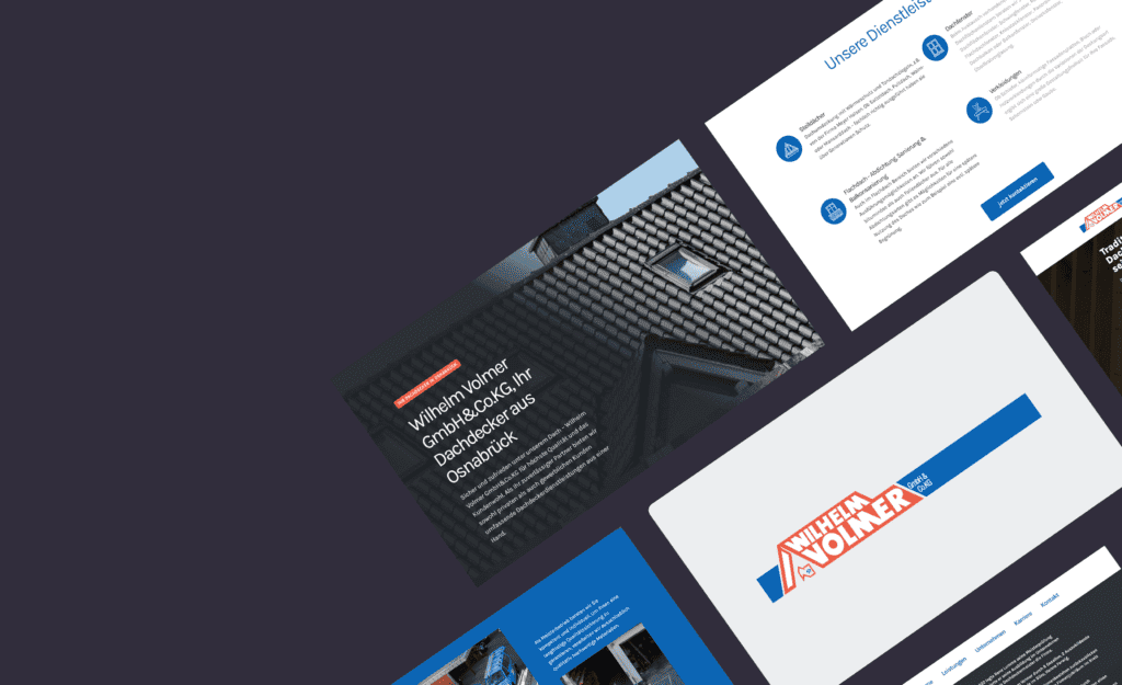 Collage einer Dachdecker-Website mit Firmenlogo, Dachfoto und Text über Dienstleistungen der Wilhelm Volmer GmbH.