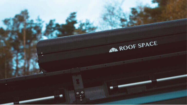 Schwarze Dachbox "ROOF SPACE" auf Auto, umgeben von bewölktem Himmel und unscharfen Bäumen.