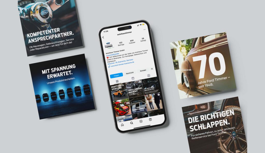 Ein Smartphone zeigt das Instagram-Profil eines Autohauses, umgeben von vier thematischen Grafiken.