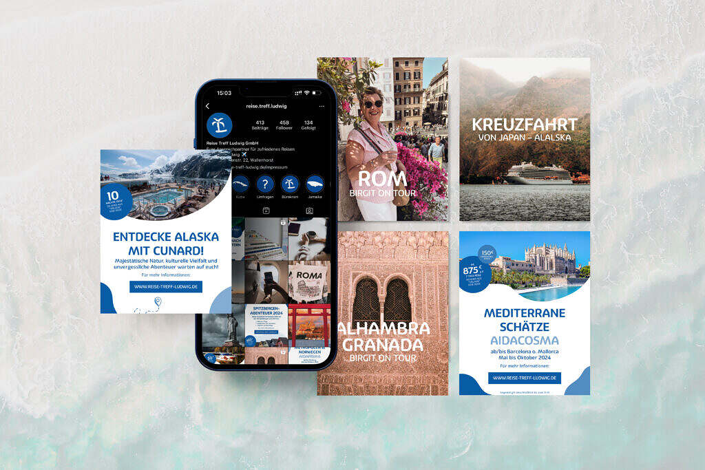 Collage mit Reiseangeboten und Smartphone, das das Instagram-Profil von "Reise Treff Ludwig GmbH" zeigt.
