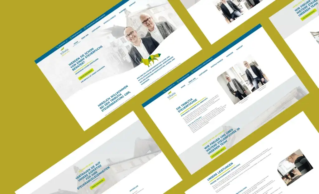 Screenshots einer professionellen Steuerberatungs-Website mit blau-weißem Design und informativen Texten.