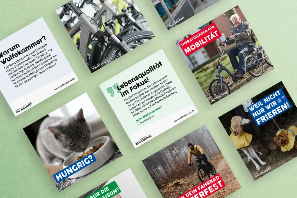 Collage mit Fahrrädern, Tieren und Texten zu Mobilität und Lebensqualität auf hellgrünem Hintergrund.