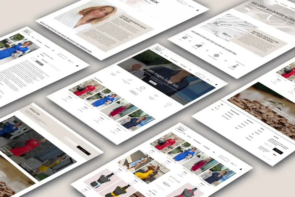 Webseiten-Layouts zeigen Modelle in bunter Kleidung, betonen nachhaltige Mode und minimalistisches Design.