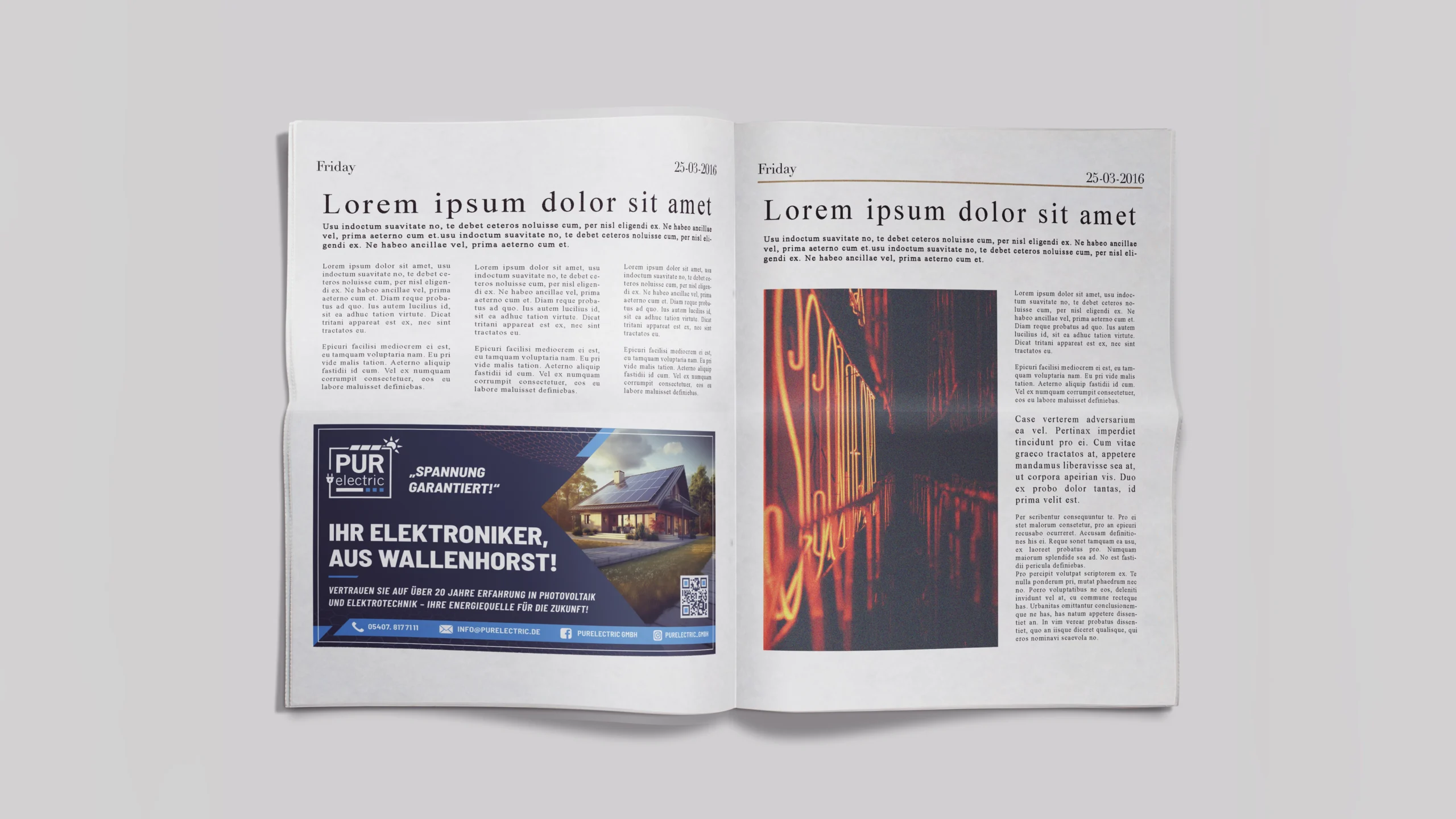 Zeitungsseite mit Platzhaltertext, Neonbild und einer Anzeige für Solaranlagen von "PUR electric".