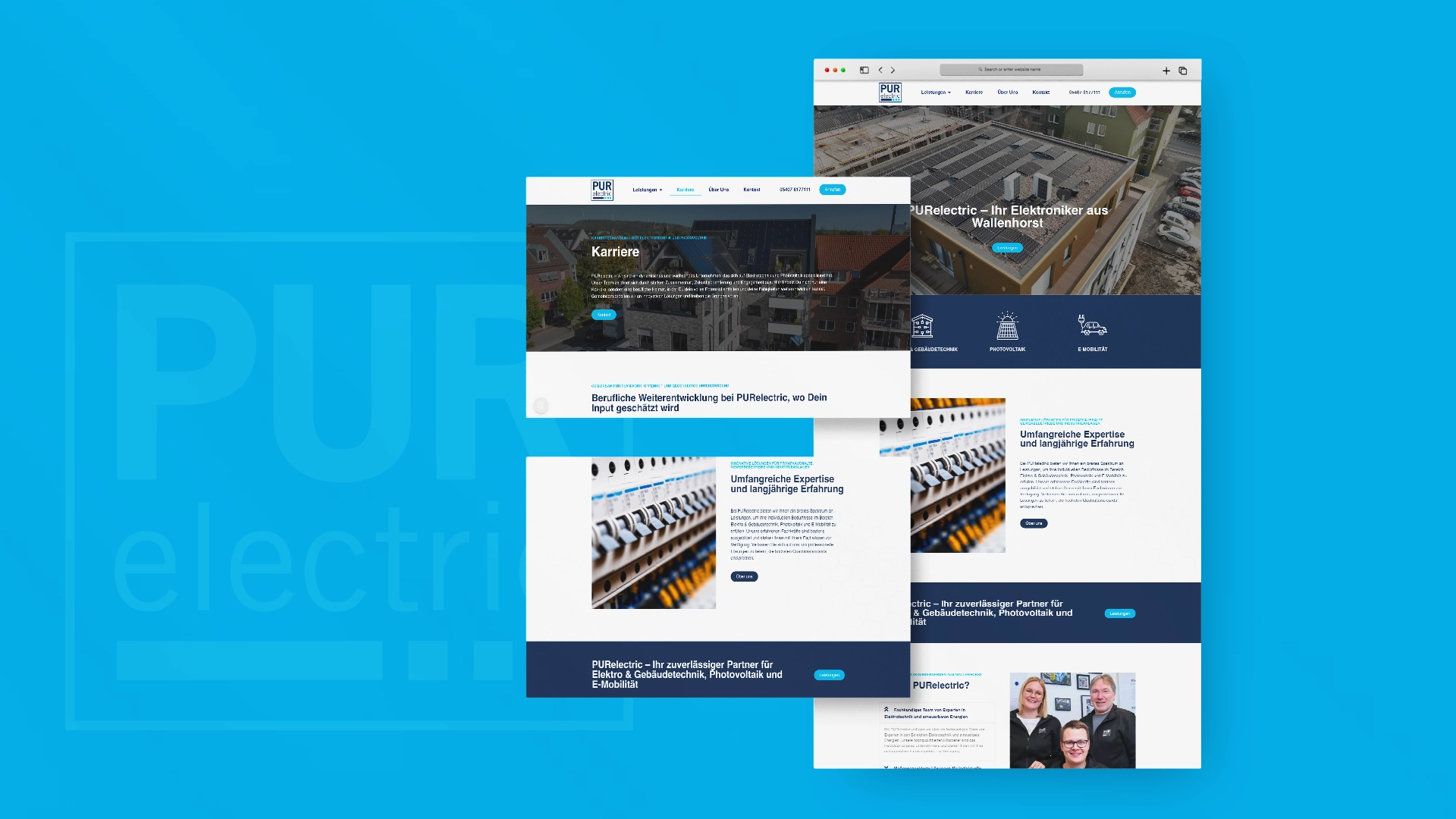 Grafische Darstellung von überlappenden Webseiten-Layouts mit "PUR electric" Logo auf blauem Hintergrund.
