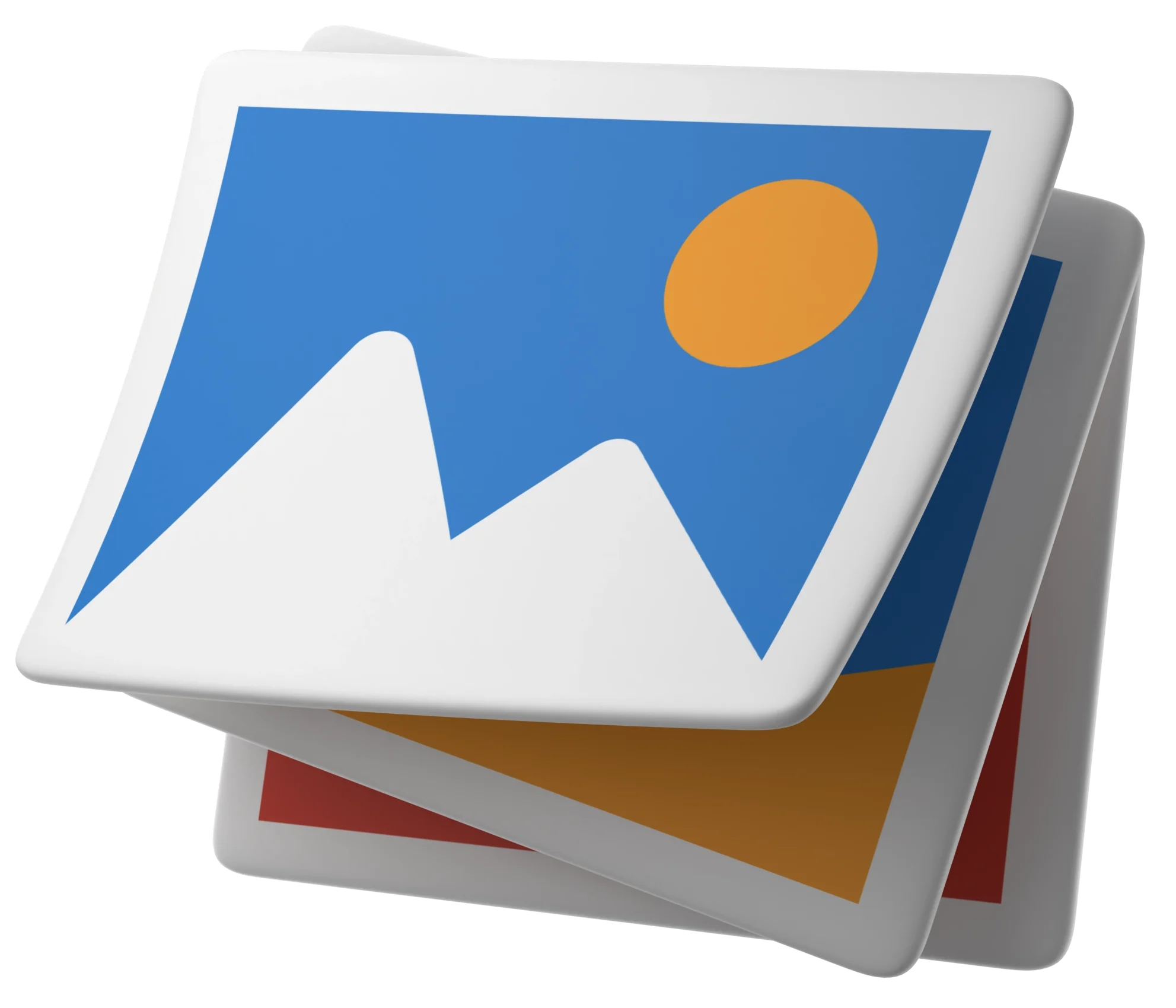 Ein Stapel stilisierter Bilder mit einer vereinfachten Landschaft aus blauem Himmel, weißen Bergen und einer orangefarbenen Sonne.