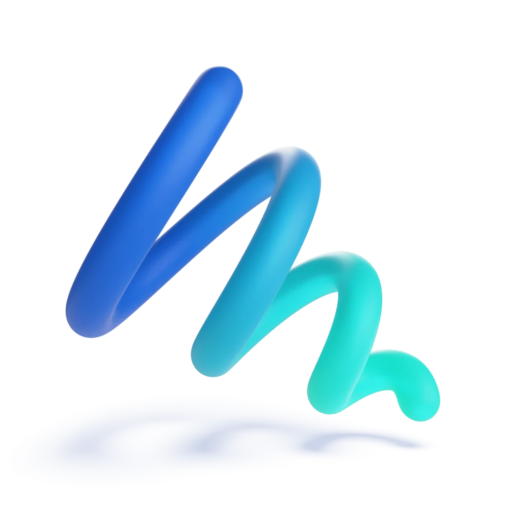 Schwebende, spiralförmige Struktur in Blau-Türkis mit glänzender Oberfläche und futuristischem Design.