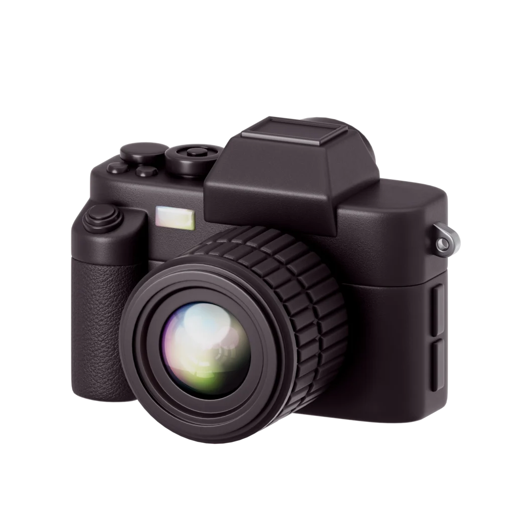 Stilisierte schwarze Kamera mit großem Objektiv, zeigt professionelle Details und Linsenreflexionen.