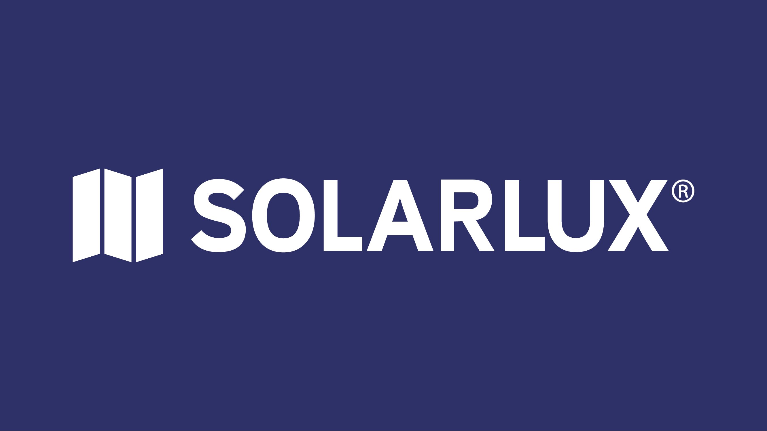 Logo mit weißem "SOLARLUX"-Schriftzug und stilisiertem Symbol auf dunkelblauem Hintergrund.