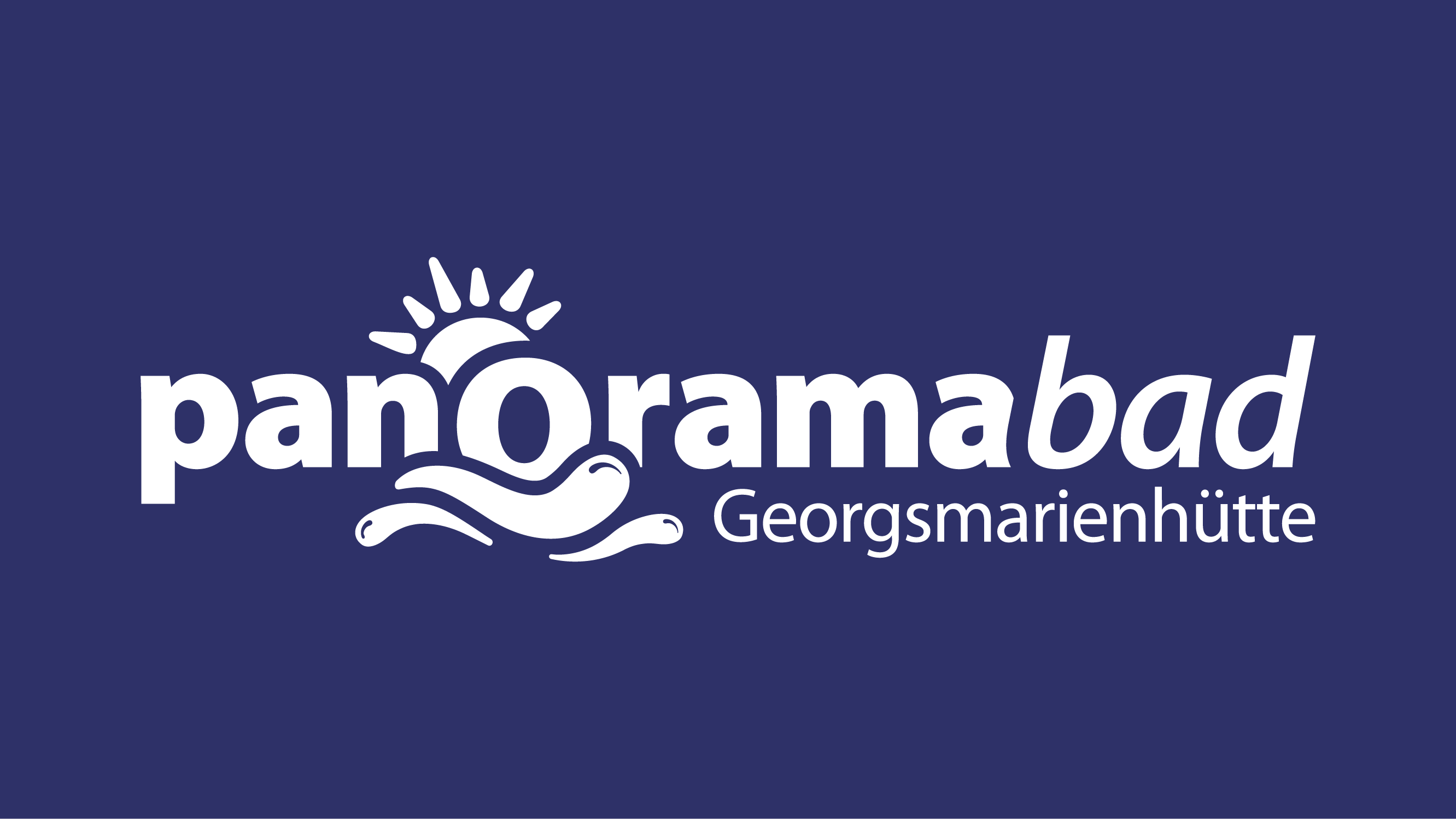 Logo des Panoramabads Georgsmarienhütte mit weißem Text, Sonne und Wellen auf dunkelblauem Hintergrund.