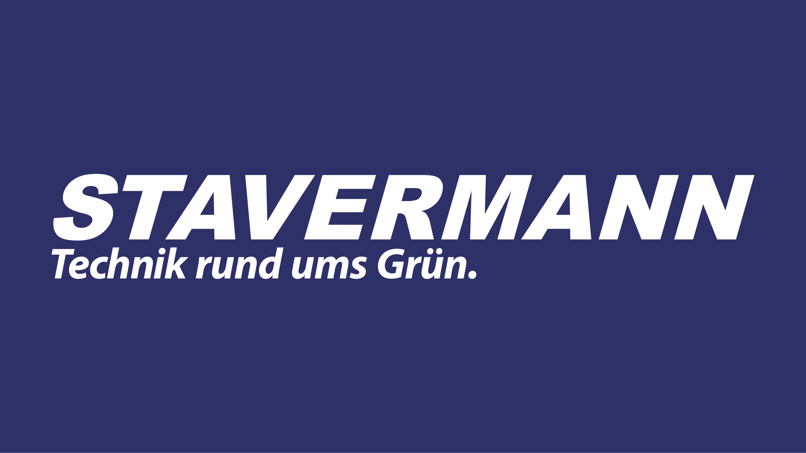 Logo mit weißem Text "STAVERMANN" und Slogan "Technik rund ums Grün" auf dunkelblauem Hintergrund.