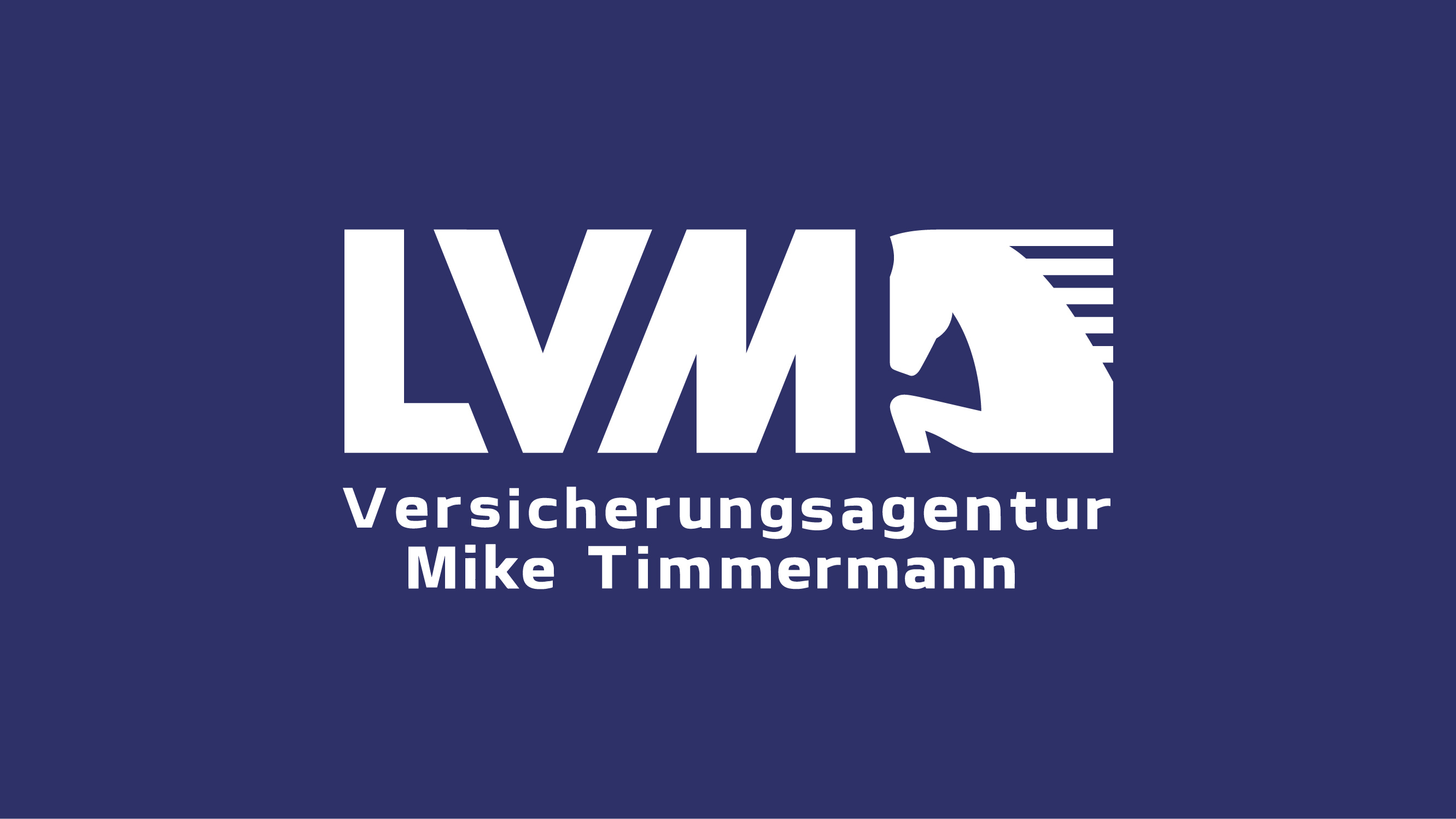 Logo der LVM Versicherungsagentur Mike Timmermann: weiße Buchstaben und Pferd auf dunkelblauem Hintergrund.