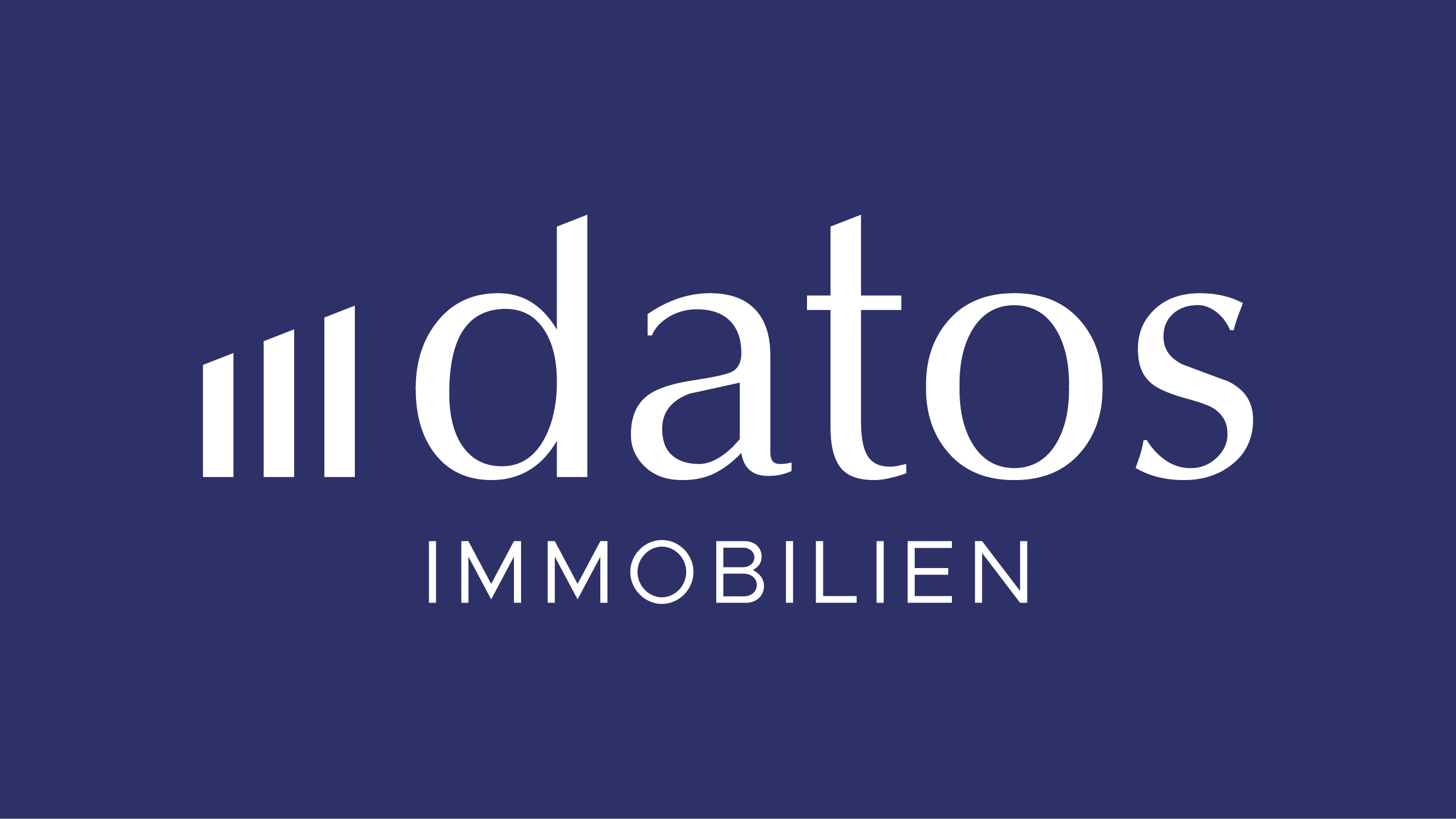 Logo mit weißem "datos IMMOBILIEN"-Text und drei vertikalen Balken auf dunkelblauem Hintergrund.