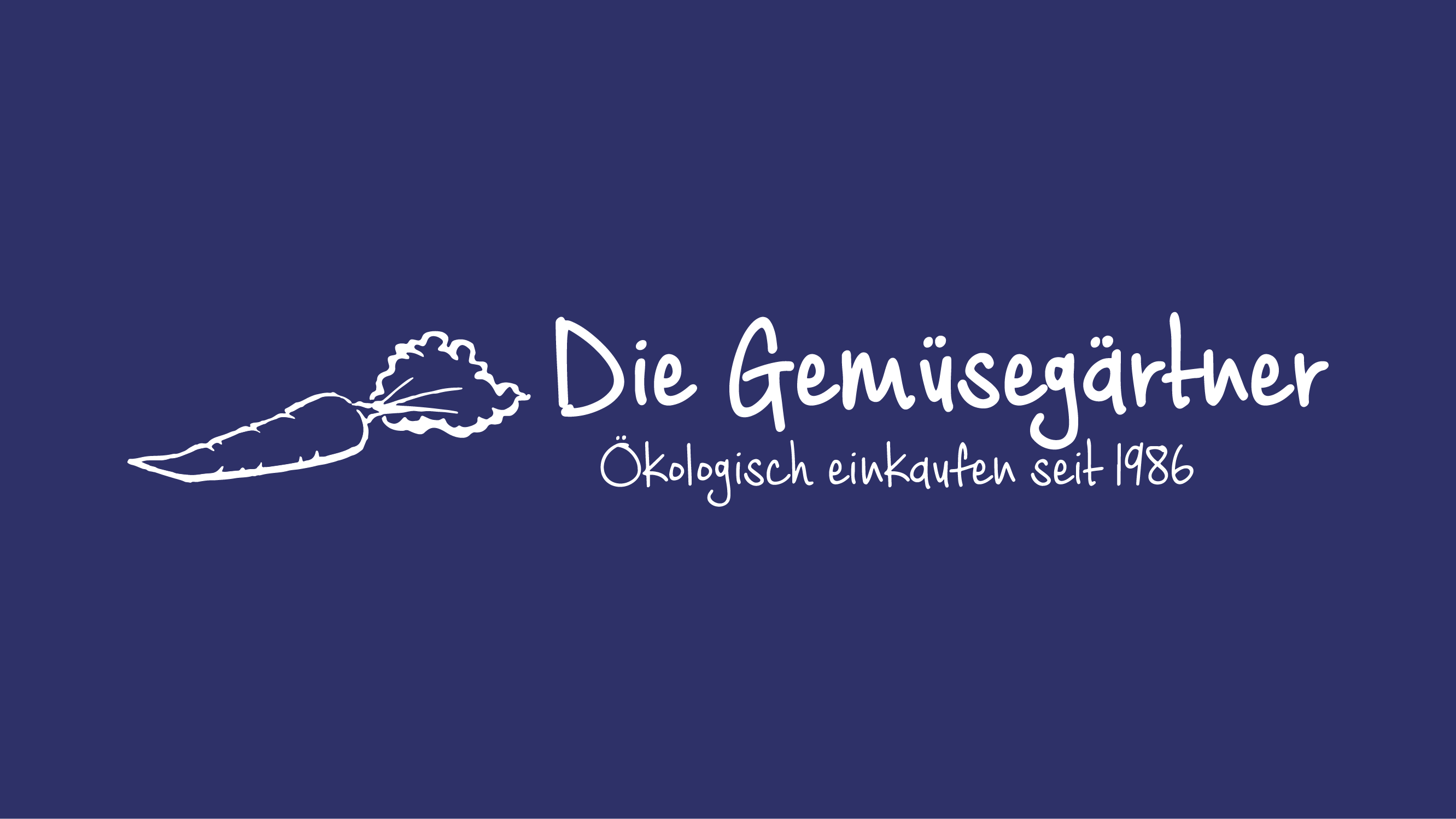 Logo mit weißer Karotte und Text "Die Gemüsegärtner", dunkelblauer Hintergrund, Bio seit 1986.