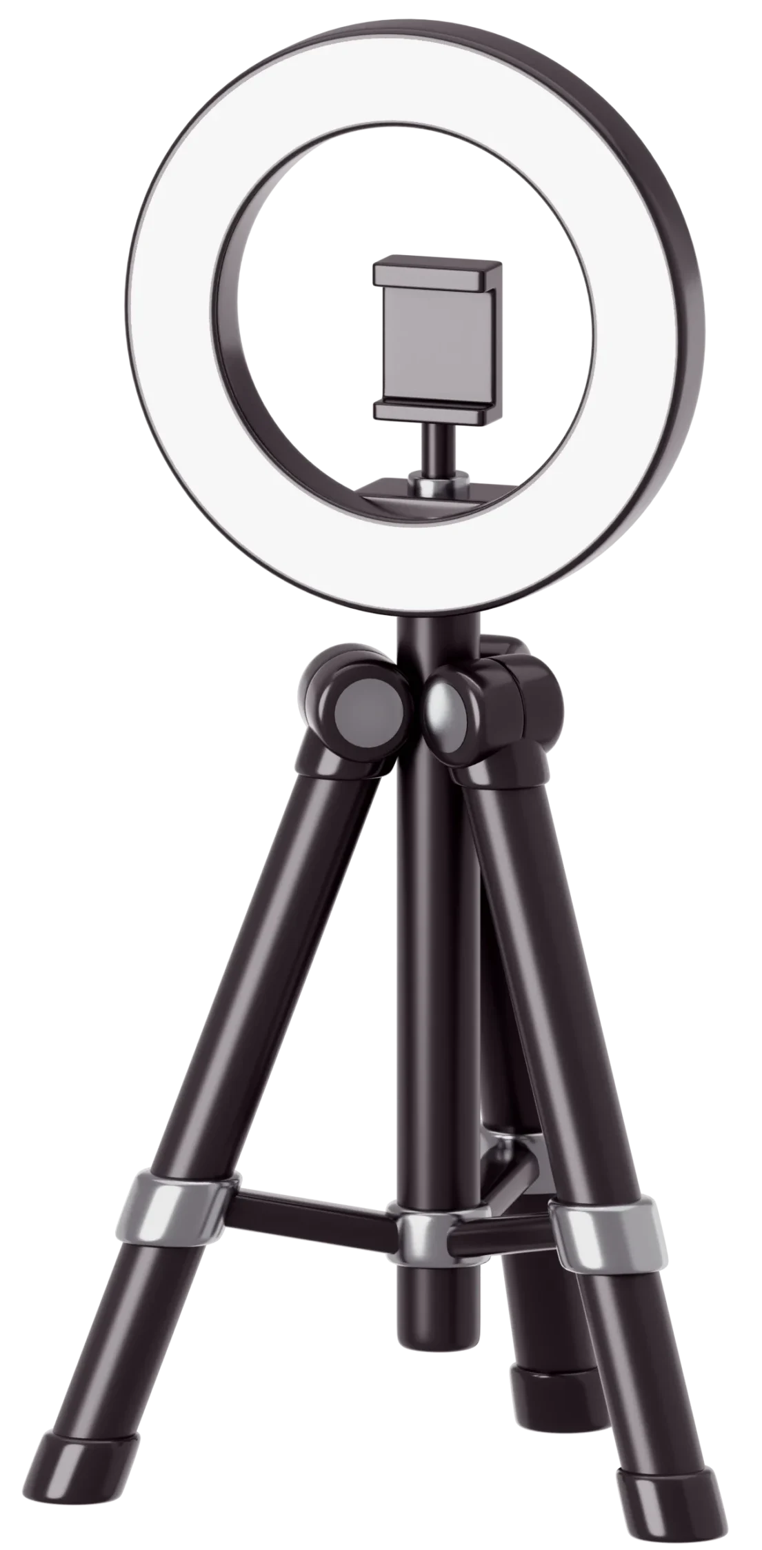 Ein weißes Ringlicht auf einem schwarzen Stativ, ideal für gleichmäßige Beleuchtung in Fotografie.