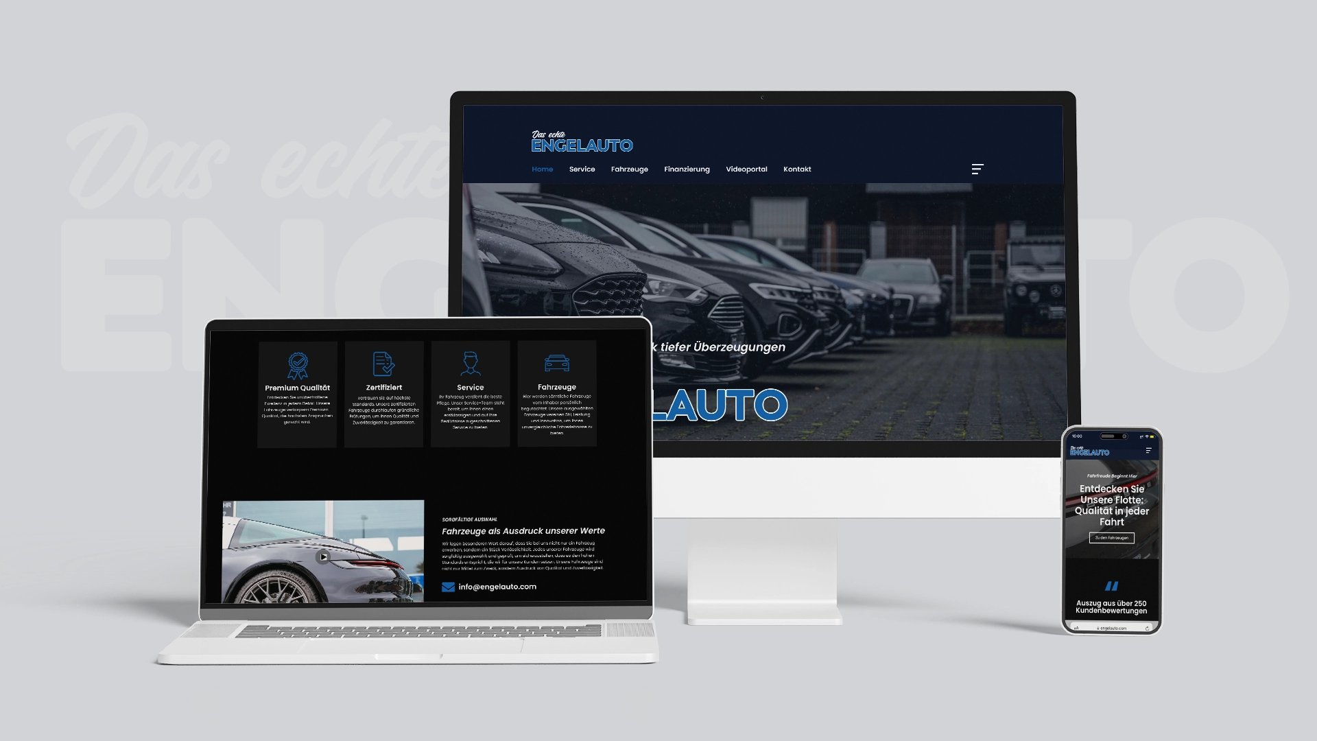 Website-Darstellung auf Laptop, Desktop und Smartphone; Fokus auf Autos und Service, professionell gestaltet.