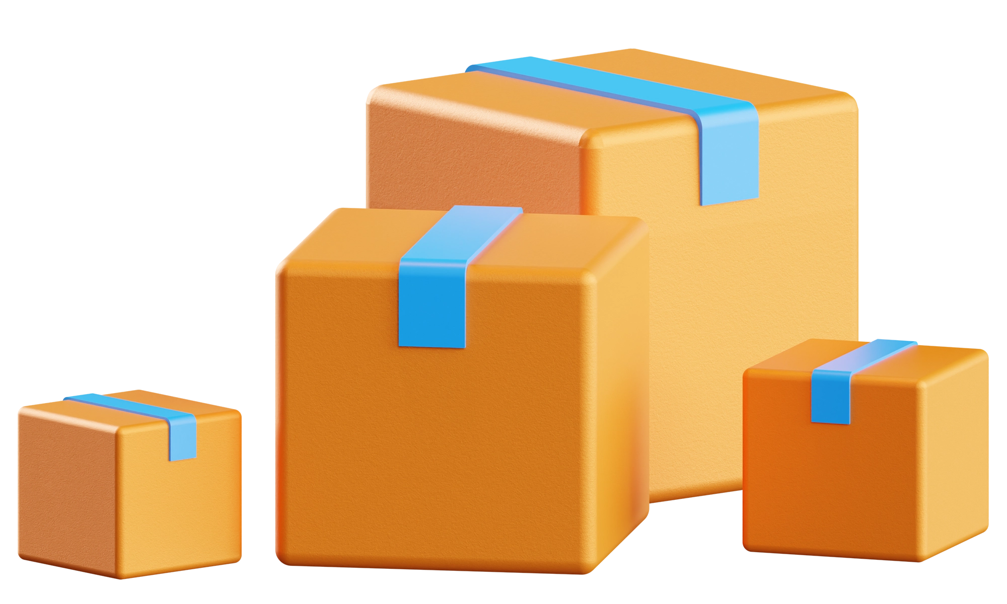 Vier orange Pakete mit blauen Klebebändern, in verschiedenen Größen, statisch angeordnet.
