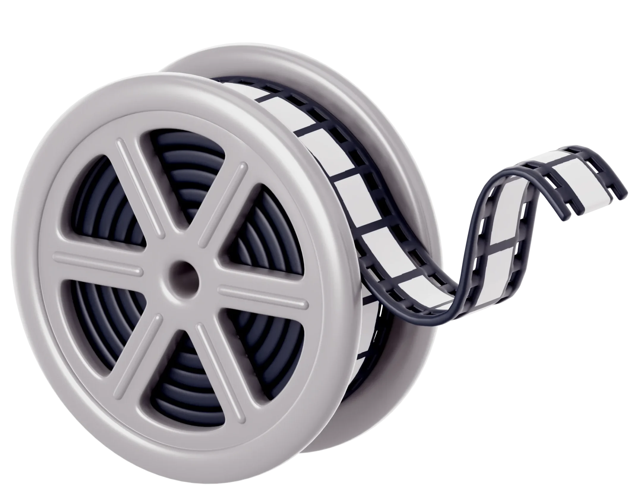 Stilisierte Filmrolle mit abwickelndem schwarz-weißem Filmstreifen, nostalgisch und klassisch.