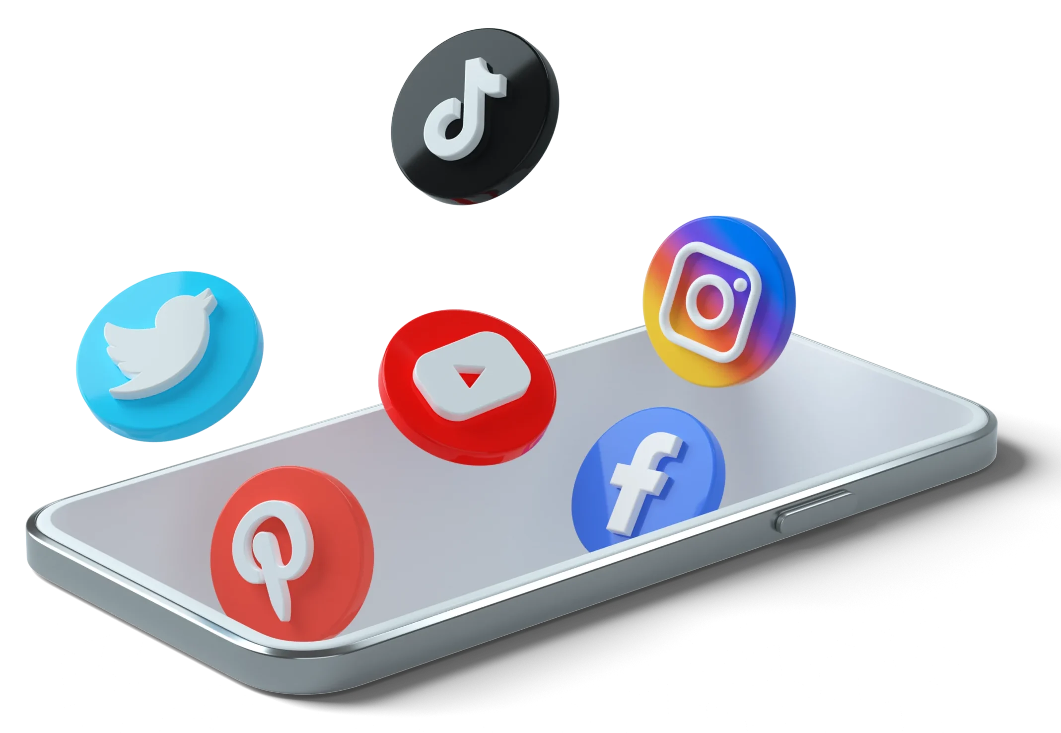 Ein Smartphone zeigt schwebende 3D-Symbole von TikTok, Instagram, Twitter, YouTube, Pinterest und Facebook.