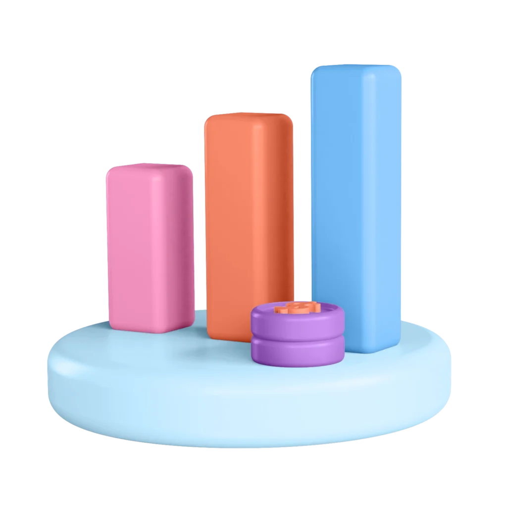 Ein 3D-Balkendiagramm mit rosa, orange, blau und lila Balken auf einem hellblauen Sockel.