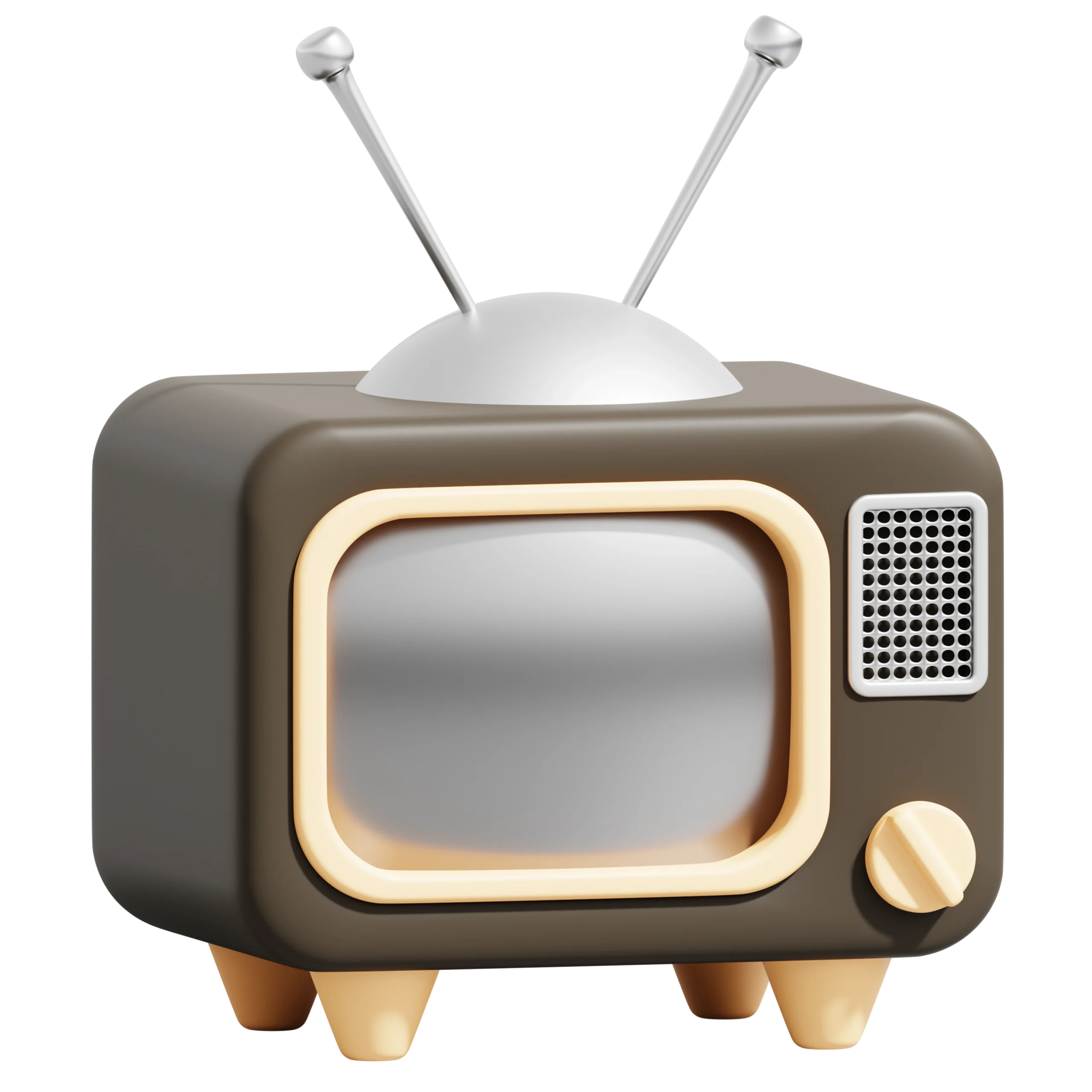 Ein Retro-Fernseher mit abgerundeten Ecken, silbernen Antennen und einem Lautsprechergitter.