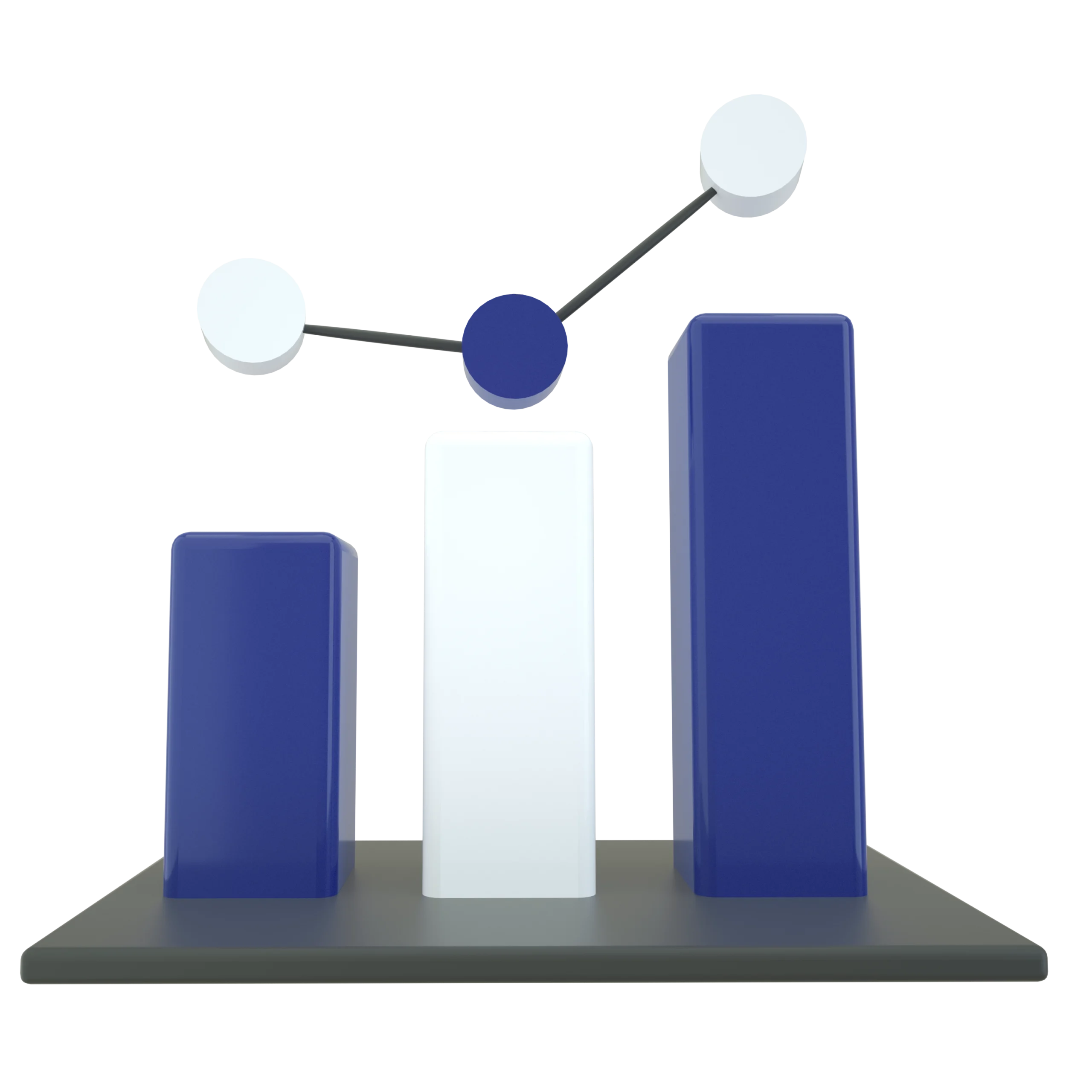 3D-Diagramm mit drei Balken und einer Liniengrafik, die Daten in Blau und Weiß auf schwarzem Hintergrund darstellt.