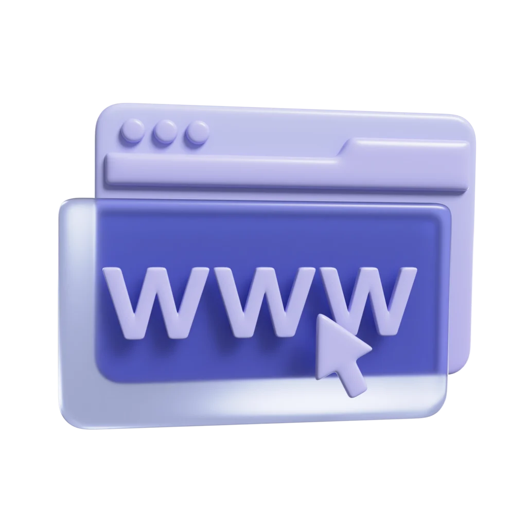 Stilisiertes Browserfenster mit "WWW" und Mauszeiger, in Blau- und Violetttönen, symbolisiert Internet.