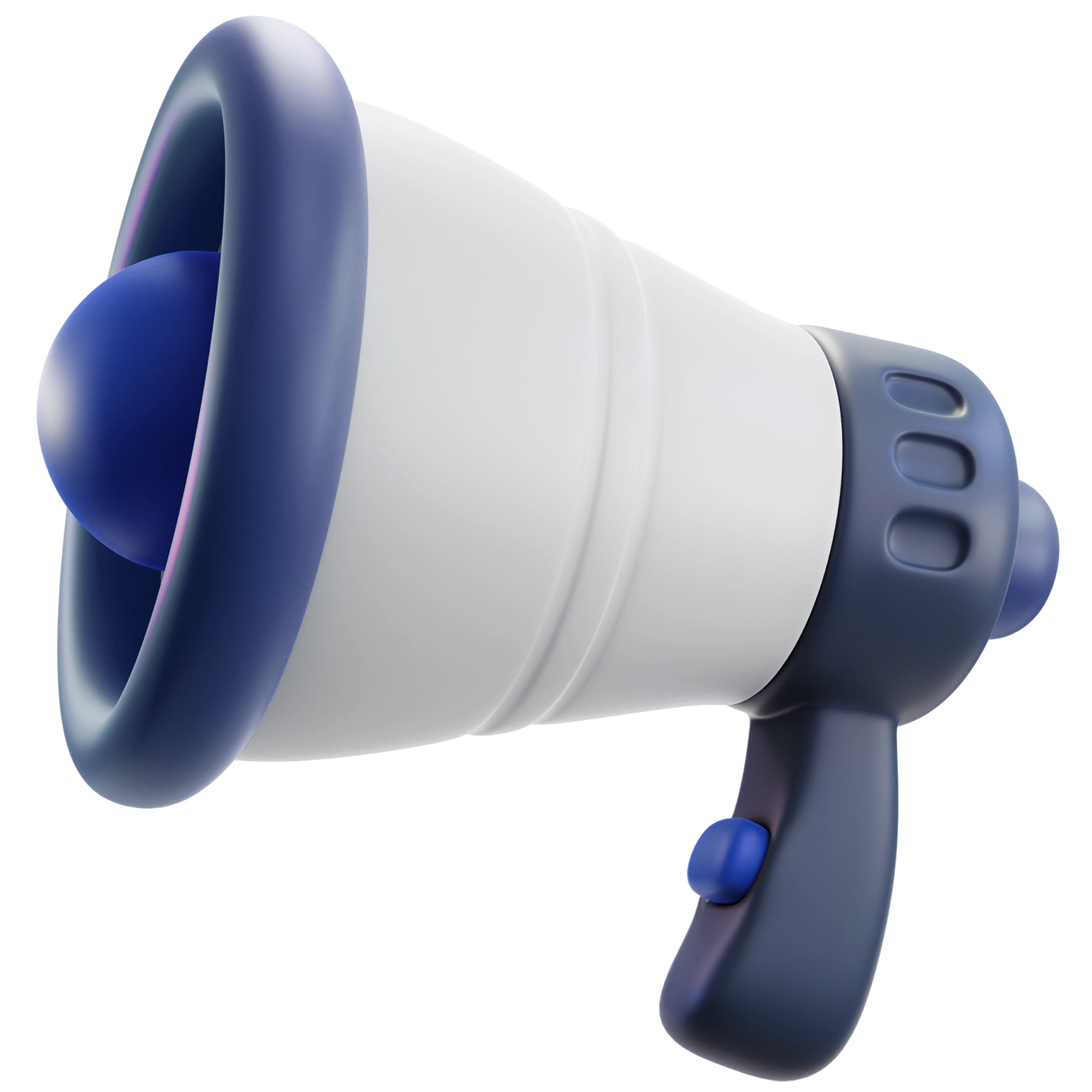 Ein stilisiertes, modernes Megafon in Weiß und Dunkelblau, symbolisiert Kommunikation und Ankündigungen.