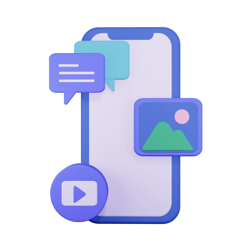 Stilisiertes Smartphone mit Symbolen für Messaging, Fotografie und Video, in Blau- und Türkistönen.