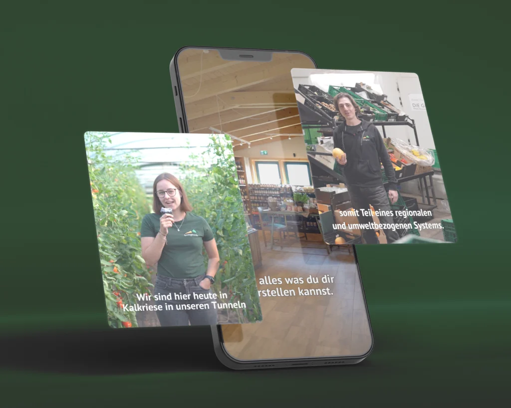 Ein Smartphone zeigt Bilder von Personen in einem Gewächshaus und einem Laden, thematisiert Nachhaltigkeit.