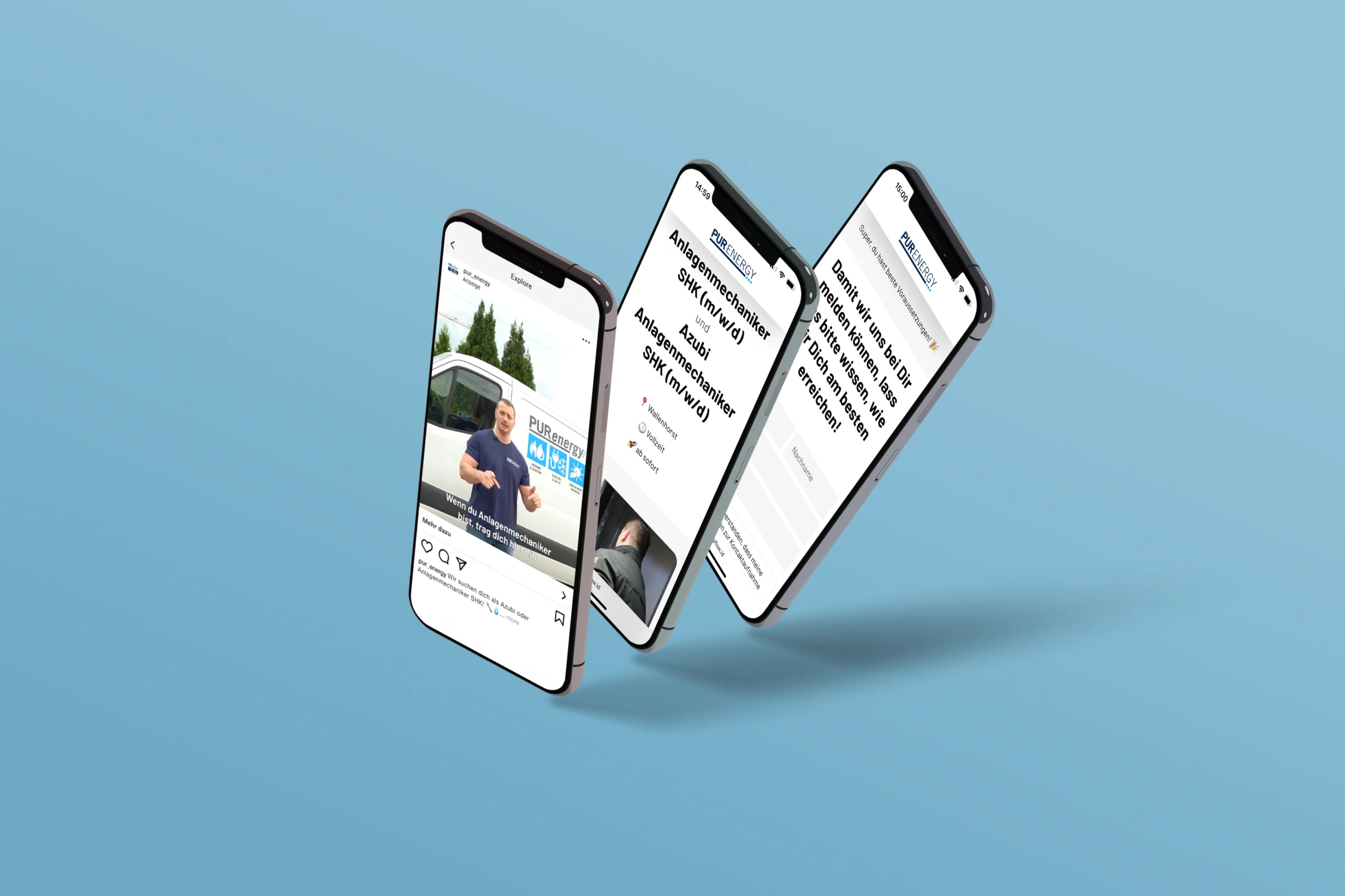 Drei schwebende Smartphones zeigen eine Jobanzeige von PUREnergy vor einem hellblauen Hintergrund.