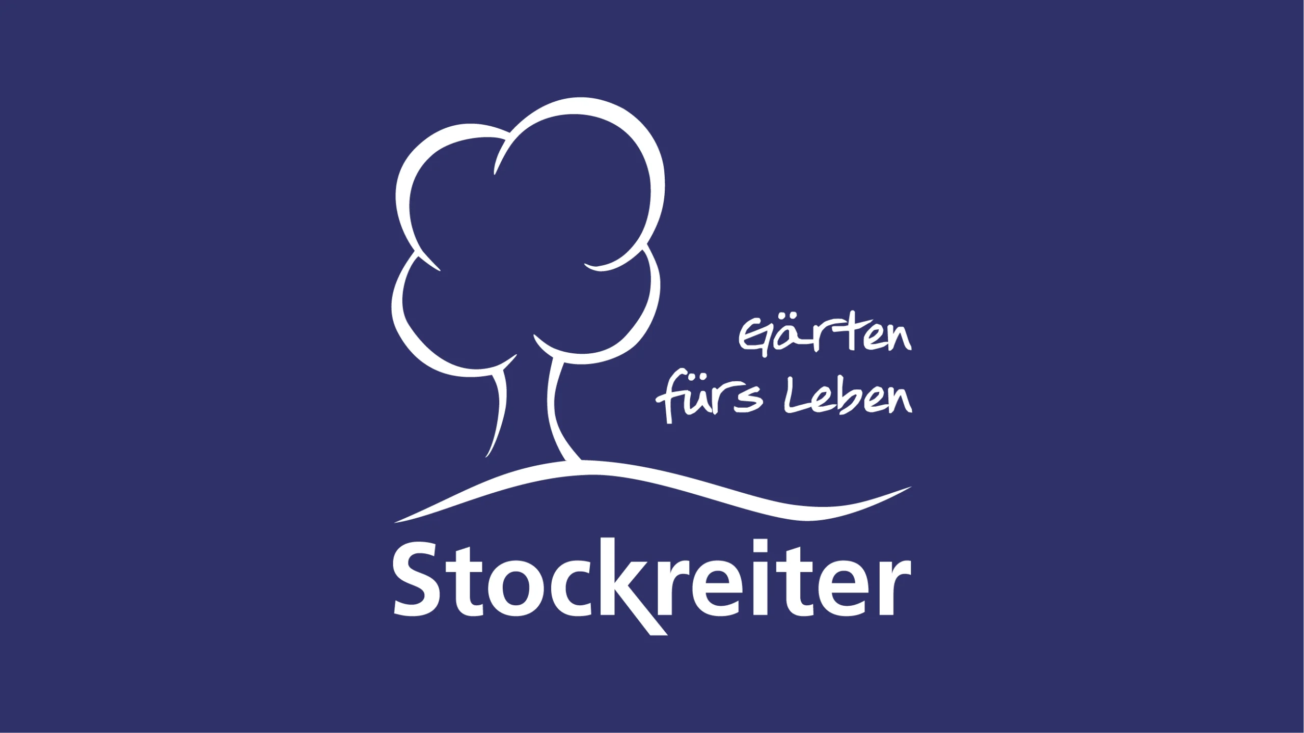 Logo mit stilisiertem Baum und dem Text "Stockreiter", dunkelblauer Hintergrund, weißer Text.