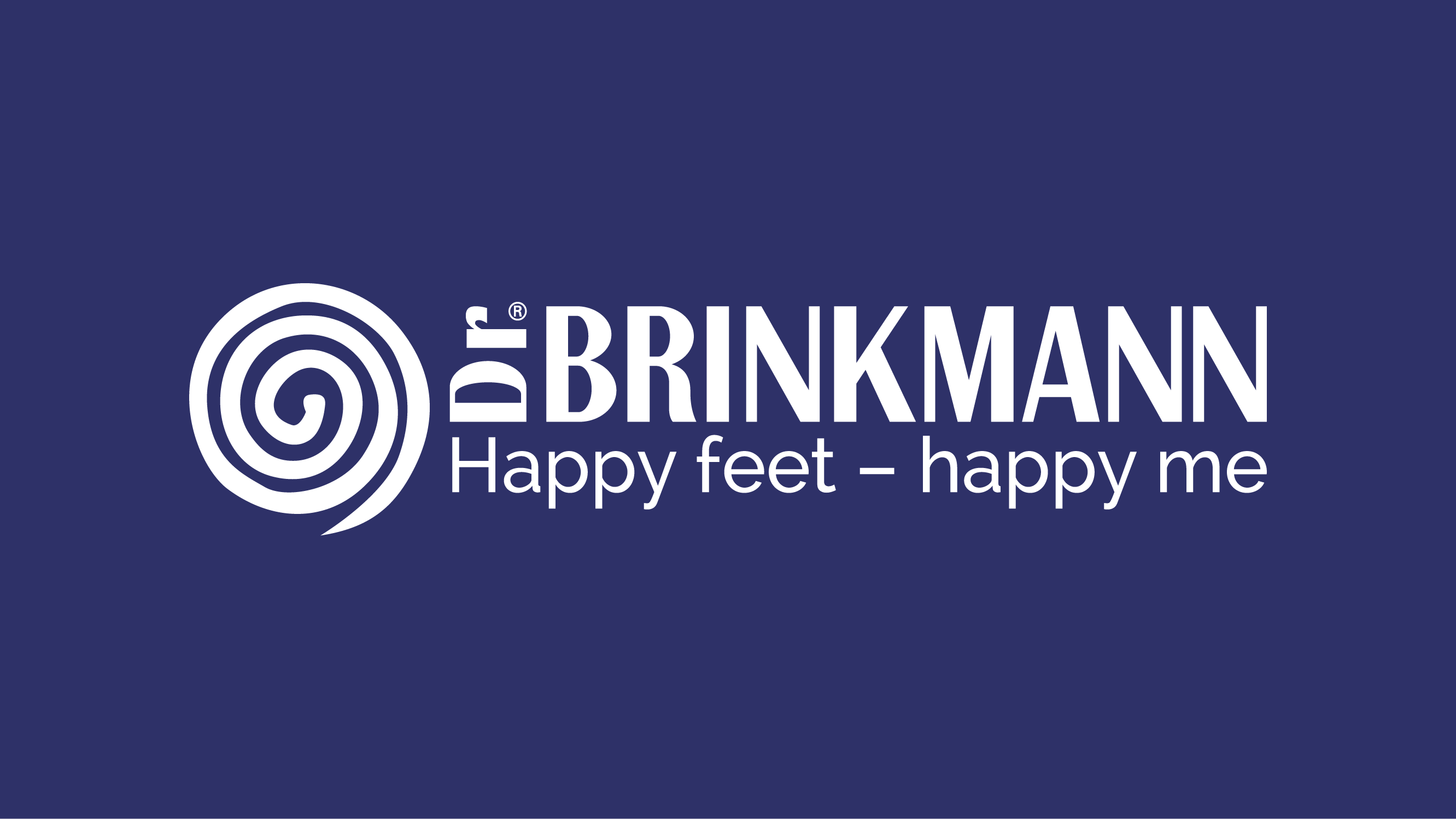 Logo mit weißem Spiralmuster und Text "Dr. BRINKMANN" sowie Slogan "Happy feet – happy me" auf blauem Hintergrund.