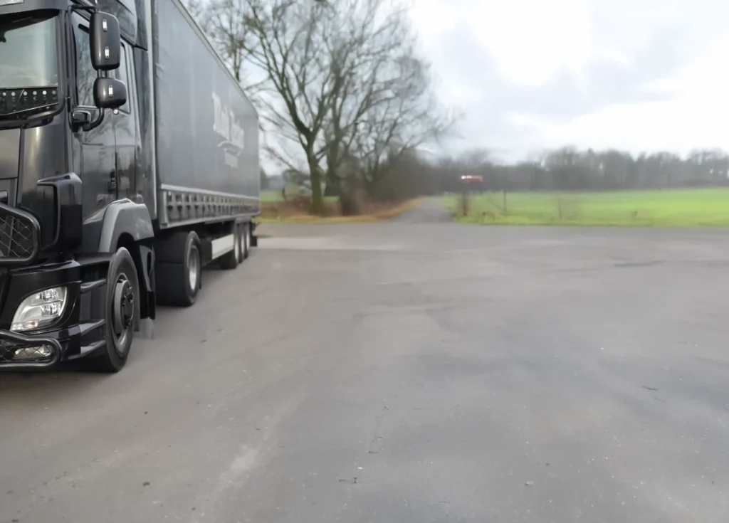 Ein großer schwarzer Lkw steht geparkt auf Asphalt, umgeben von kahlen Bäumen und einem grauen Himmel.
