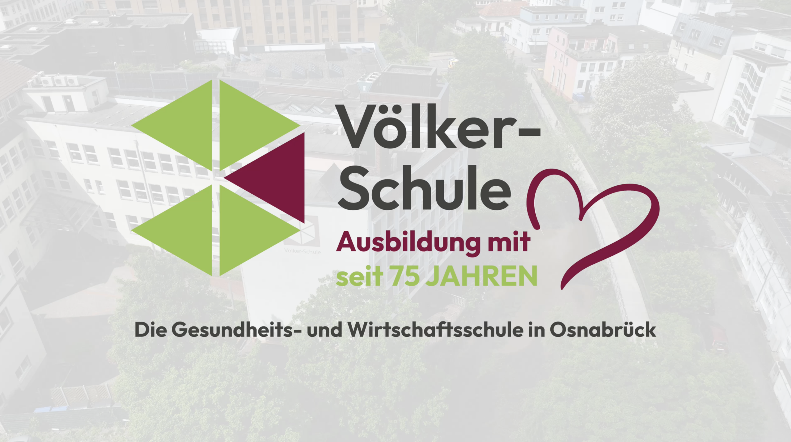 Werbeplakat der Völker-Schule Osnabrück mit Logo, Herzsymbol und Text zum 75-jährigen Bestehen.