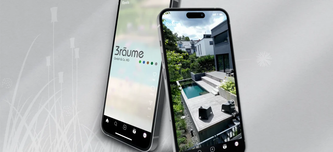Zwei Smartphones zeigen eine App von "3räume GmbH & Co. KG" und einen modernen Garten mit Pool.