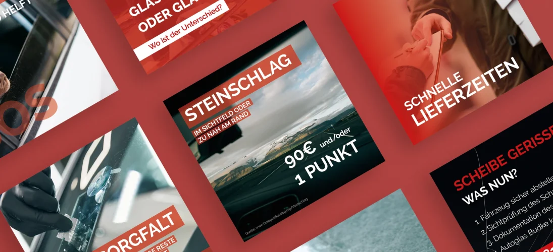 Collage von Werbepostern zur Autoglasreparatur, thematisiert Steinschläge, schnelle Lieferzeiten, Sorgfalt.
