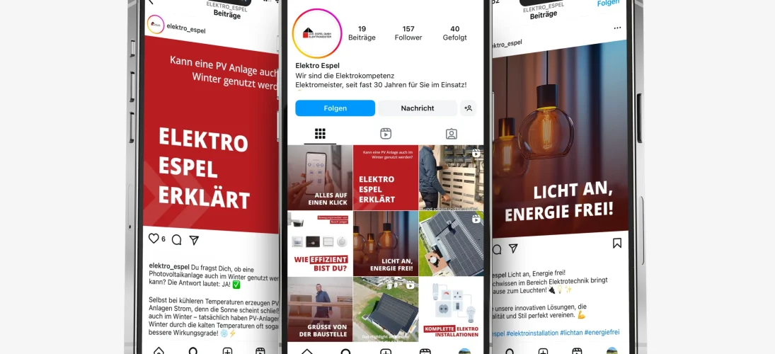 Drei Smartphones zeigen das Instagram-Profil und Beiträge von "elektro_espel" mit Fokus auf Elektrotechnik.