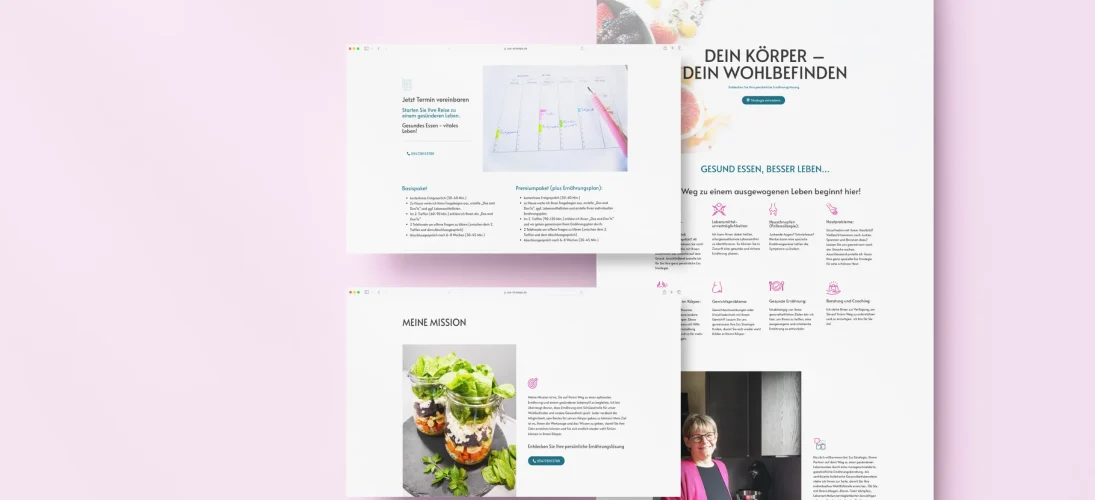 Stilisierte Webseiten über Gesundheit und Ernährung auf rosa Hintergrund mit Texten und Lebensmittelbildern.