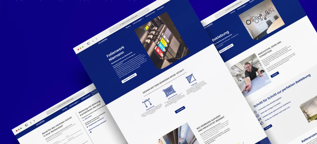 Drei Webseiten zeigen Folien- und Beklebungsdienste mit Formularen, Karten und Arbeitsbildern.