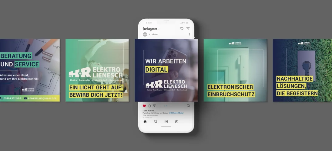 Ein Smartphone zeigt eine Instagram-Seite von H+R Elektro Lienesch, umgeben von Werbegrafiken.