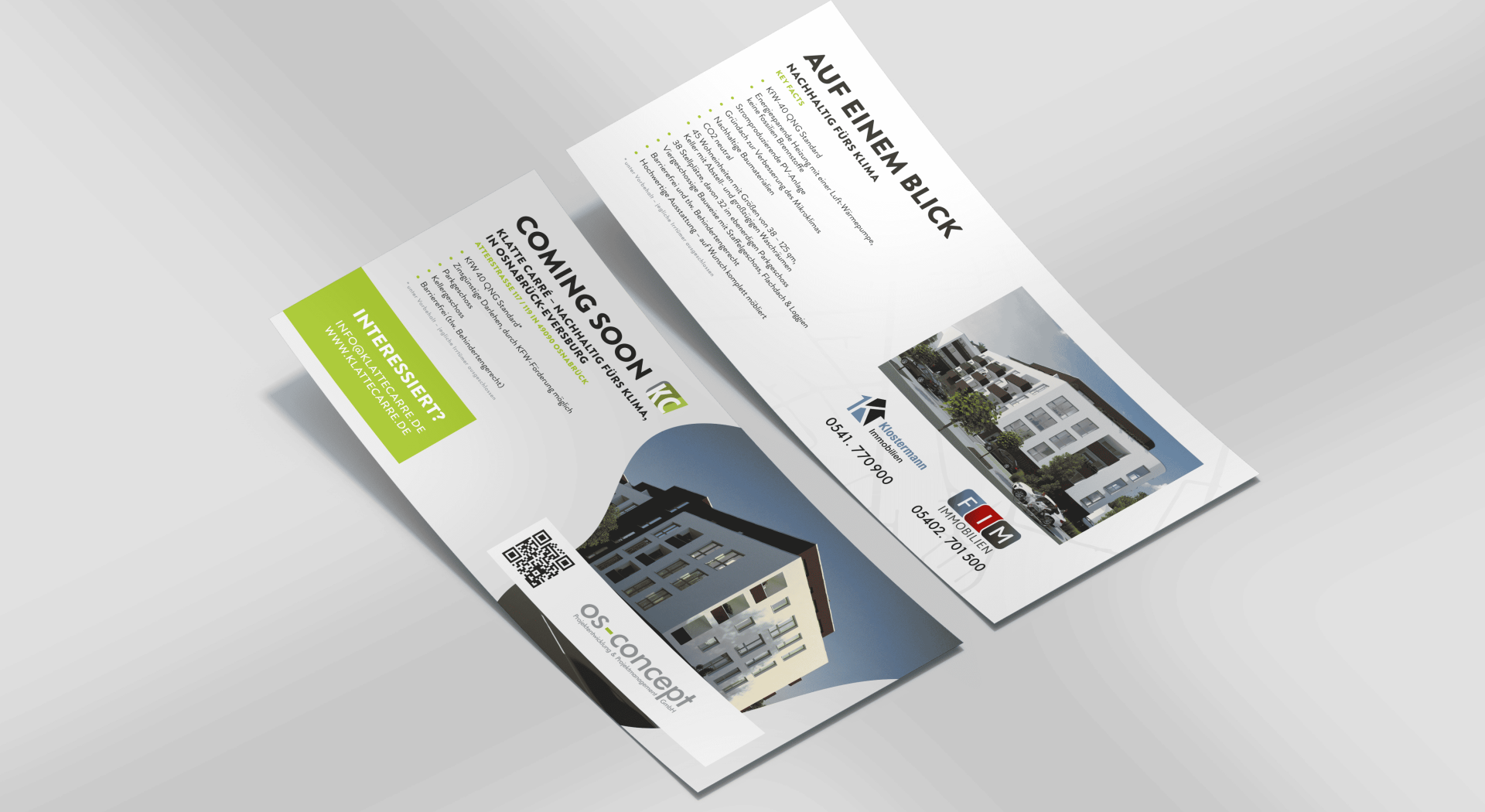 Zwei professionelle Flyer für ein Bauprojekt, einer mit "COMING SOON", der andere mit Projektinfos.